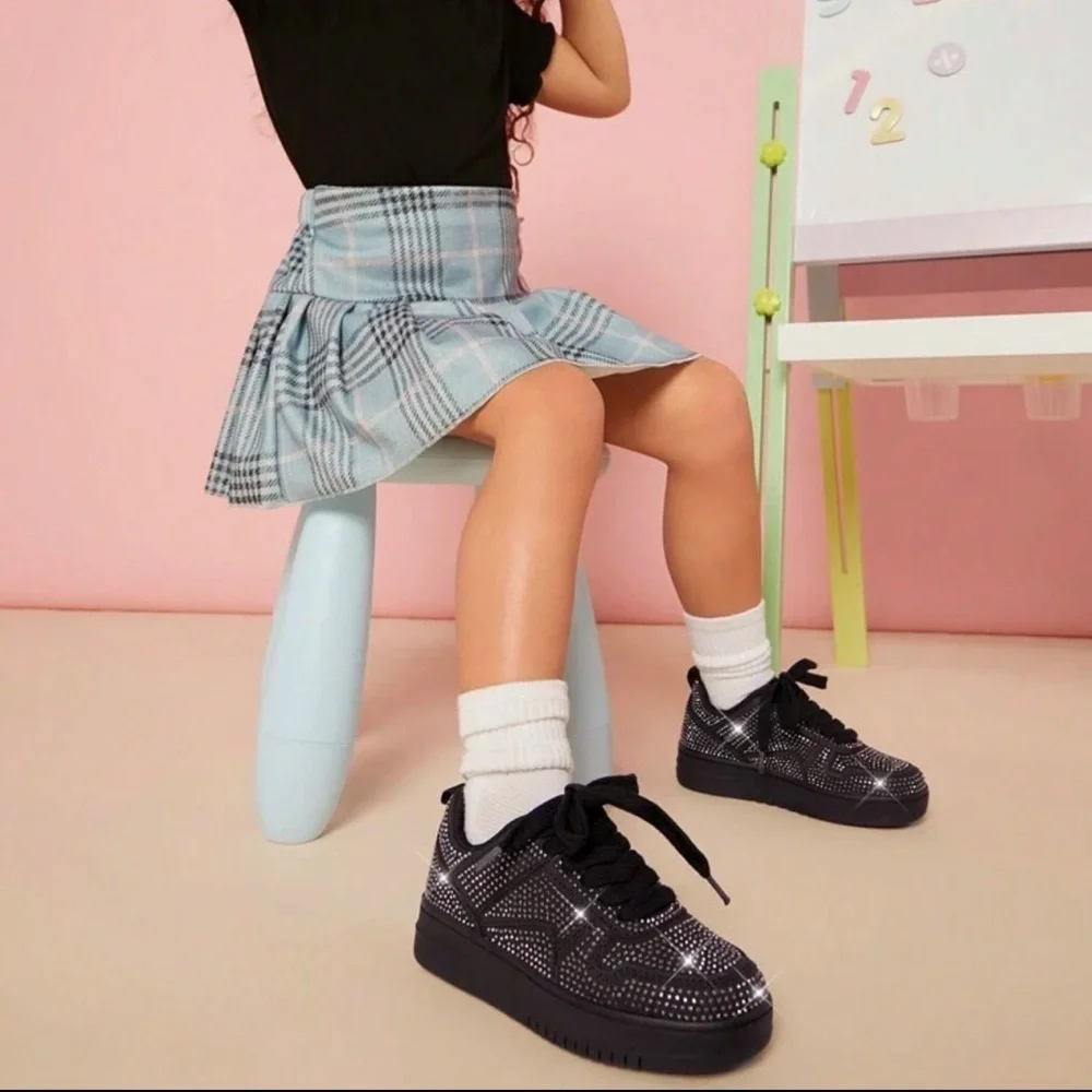 Kids Black Rhinestone Lace-Up Sneakers